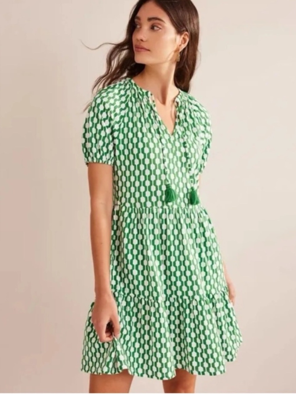Boden Short Sleeve Jersey Dress in Rolling Hills Geo Azure Print - Picture 2 of 13
